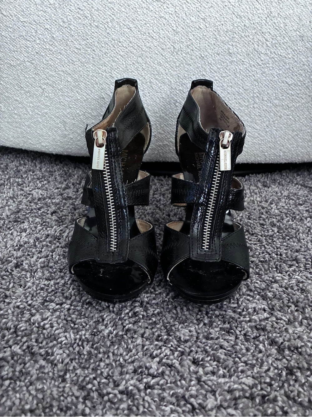 Michael Kors Black Patent Zip-Front Strappy Heels